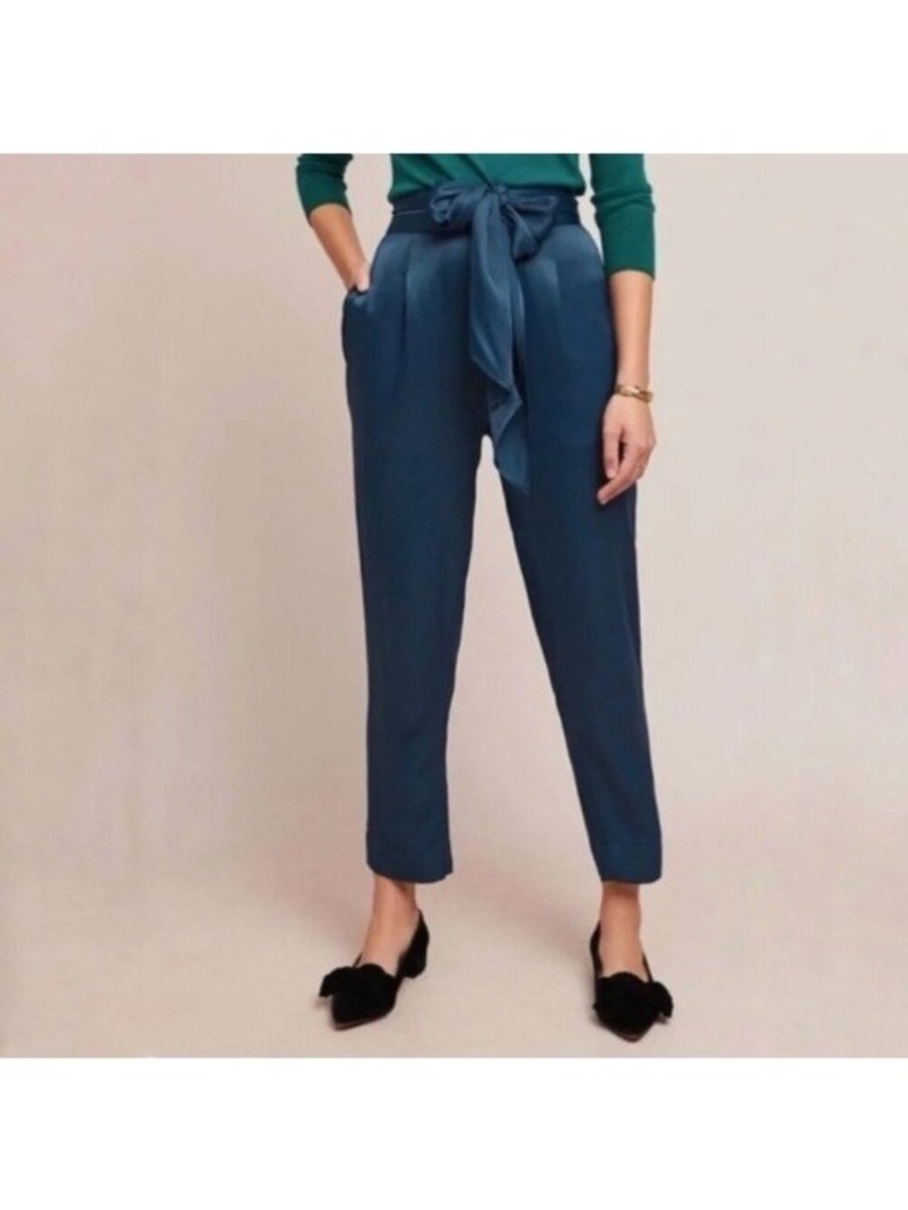 Anthropologie Ettwa Teal Satin Belted Ankle Trouser Pant 2